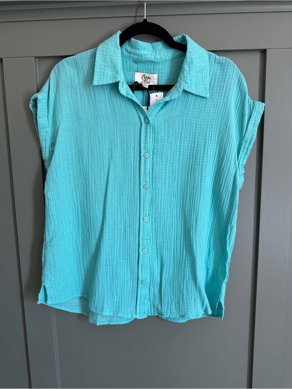 Cosmic Blue Love Turquoise Short-Sleeve Button-Down Gauze Shirt